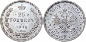 Russia 25 Kopeks 1878 СПБ НФ
Bit# 156; Silver 5,24g.; UNC