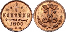 Russia 1/4 Kopek 1900 СПБ
Bit# 311; Copper 0.77g; UNC with Full Mint Luster!