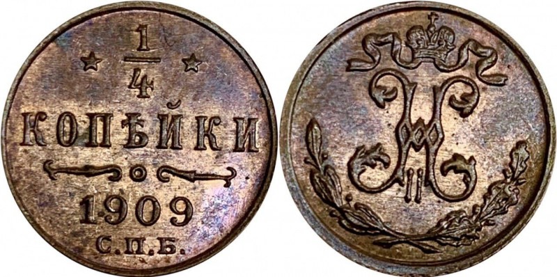 Russia 1/4 Kopek 1909 СПБ
Bit# 279; Conros# 243/57; 0,82g.; Very rare in this c...