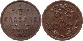 Russia 1/2 Kopek 1908 СПБ
Bit# 268; Conros# 231/57; Copper 1.68g.; UNC