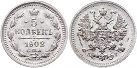 Russia 5 Kopeks 1902 СПБ АР
Bit# 178; Conros# 170/67; Billon 0.91g.; UNC
