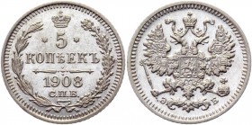 Russia 5 Kopeks 1908 СПБ ЭБ
Bit# 184; Conros# 170/72; Billon 0.90g.; UNC