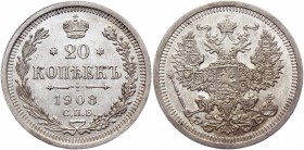 Russia 20 Kopeks 1908 СПБ ЭБ
Bit# 108; Conros# 146/83; Billon 3.41g.; AUNC