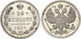 Russia 20 Kopeks 1915 ВС
Bit# 117; Silver 3.54g; UNC