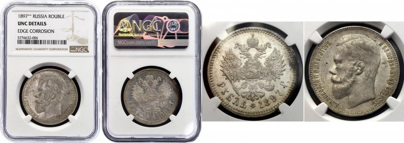 Russia 1 Rouble 1897 ** NGC UNC
Bit# 203; Silver, UNC. Edge corrosion - there i...