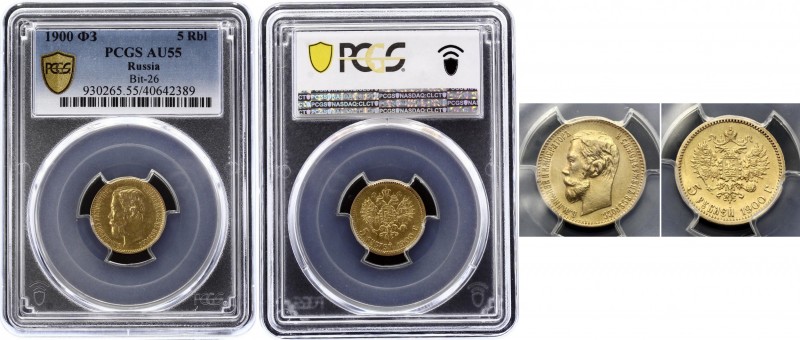 Russia 5 Roubles 1900 ФЗ PCGS AU55
Bit# 26; Gold (.900), 4.3g.