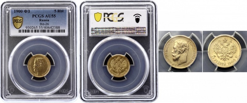 Russia 5 Roubles 1900 ФЗ PCGS AU55
Bit# 26; Gold (.900), 4.3g.