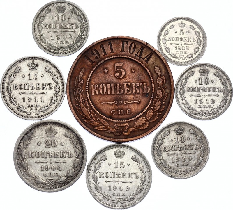 Russia Lot of 8 Coins 1902 - 1912
Mostly Silver; 5 10 15 20 Kopeks 1902 - 1912