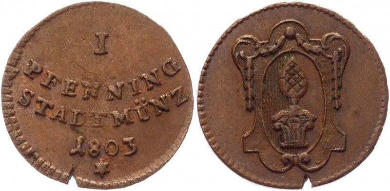 German States Augsburg 1 Pfennig 1803
KM# 192; Copper 1,42g.; VF-XF