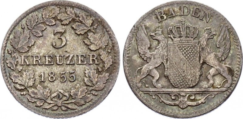 German States Baden 3 Kreuzer 1855
KM# 211; AKS 121; Silver; Leopold I; XF