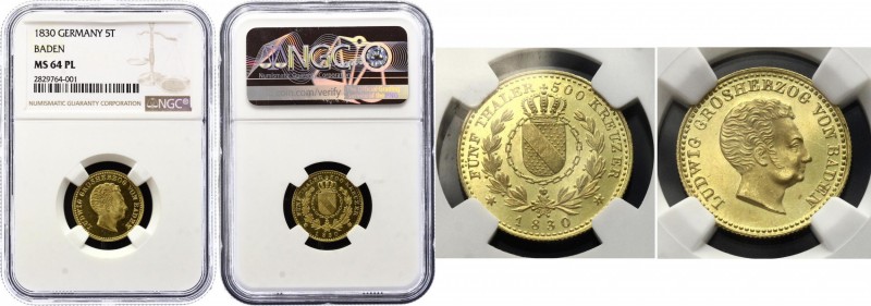 German States Baden 5 Thaler - 500 Kreuzer 1830 NGC MS64PL (+VIDEO)
KM# 196; Lu...