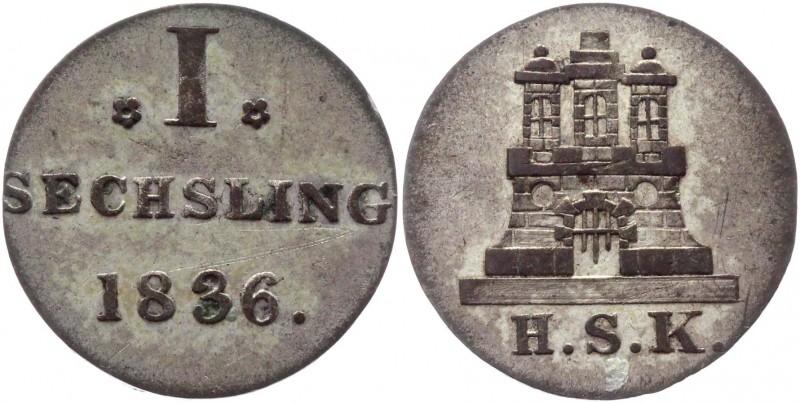 German States Hamburg 1 Sechsling (6 Pfennig) 1836 HSK
KM# 525.2; AKS# 24; J# 4...