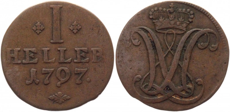 German States Hesse-Cassel 1 Heller 1797
KM# 543; Schön# 168; Copper 1,86g.; Wi...