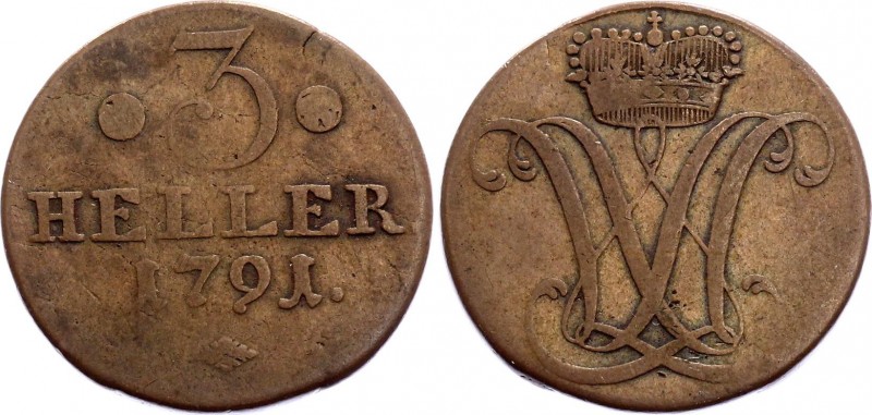 German States Hesse-Cassel 3 Heller 1791
KM# 544; Schön# 169; Copper; Wilhelm I...