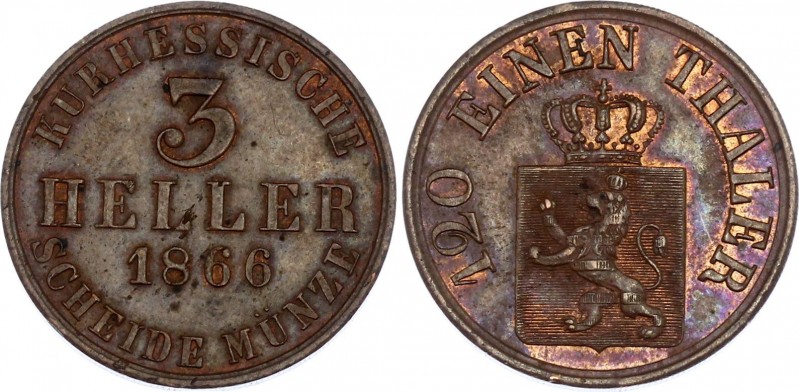 German States Hesse-Cassel 3 Heller 1866
KM# 612; Copper; Friedrich Wilhelm; XF...