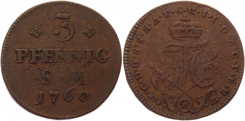 German States Mainz 3 Pfennig 1760
KM# 327; Walther# 561; Copper 5,75g.; Johann...