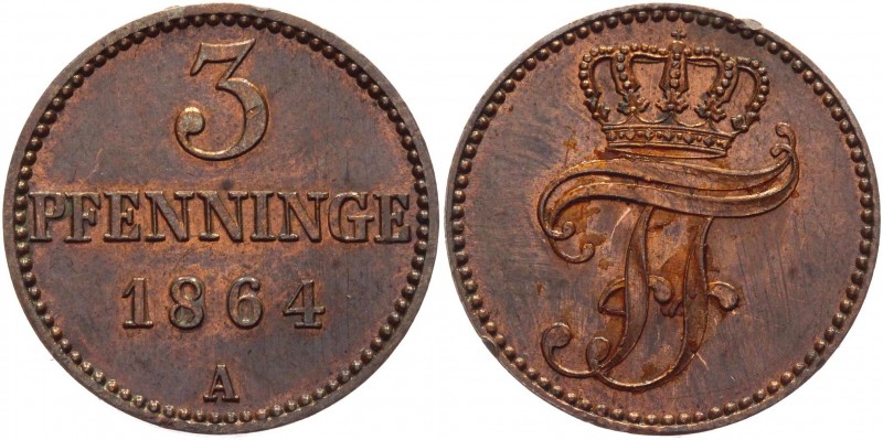 German States Mecklenburg-Schwerin 3 Pfennig 1864 A
KM# 310; Copper 2,41g.; AUN...