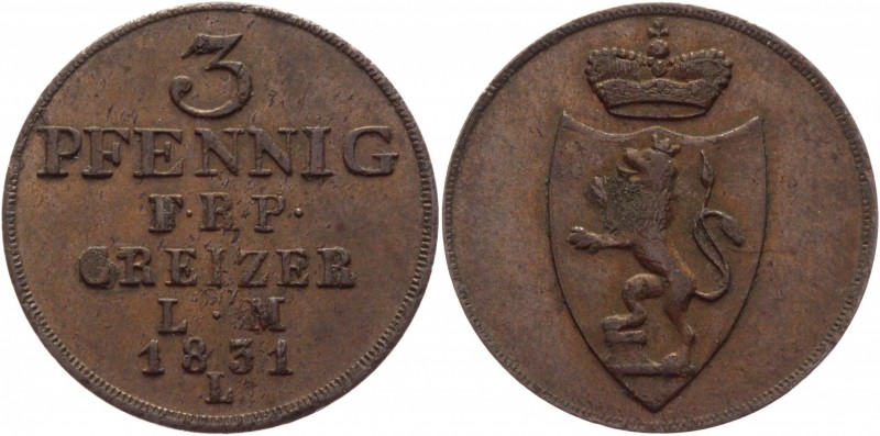 German States Reuss-Obergreiz 3 Pfennig 1831 L
KM# 103; AKS# 10; J# 42; Copper ...