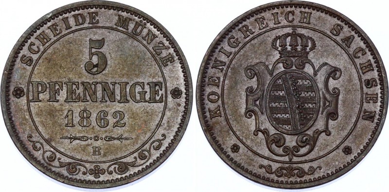 German States Saxony 5 Pfennige 1862 B
KM# 1218; Johann I; aUNC with Amazing To...