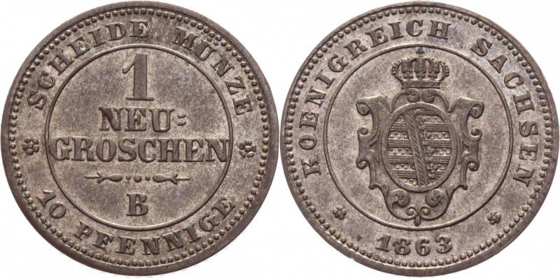 German States Saxony 1 Neu Groschen-10 Pfennig 1863 B
KM# 1219; Silver 2,06g.; ...