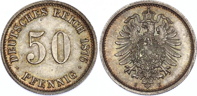 Germany - Empire 50 Pfennig 1876 C
KM# 6; Silver; Wilhelm I; UNC with Nice Toni...