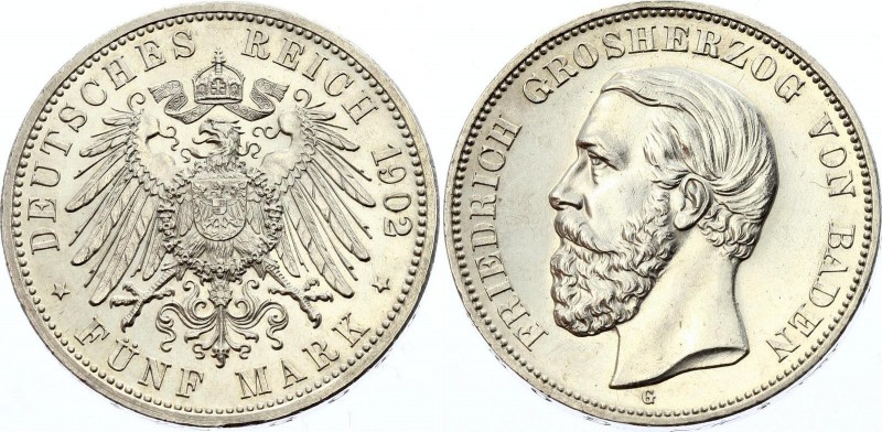 Germany - Empire Baden 5 Mark 1902 G (+VIDEO)
KM# 268, J# 29; Friedrich I. Silv...