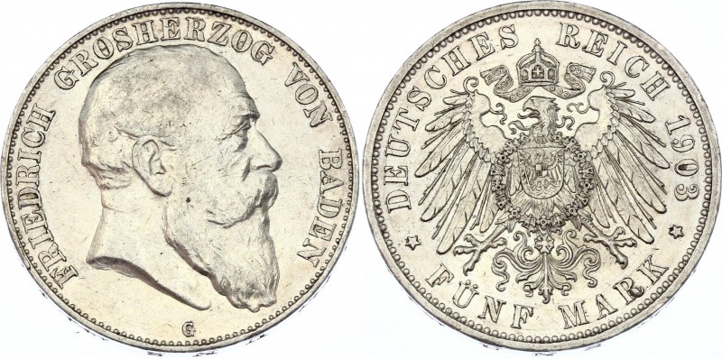 Germany - Empire Baden 5 Mark 1903 G
KM# 274; Silver; Friedrich I.; XF