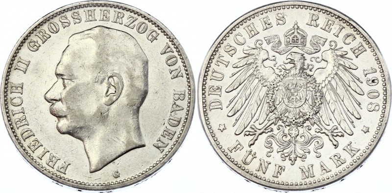 Germany - Empire Baden 5 Mark 1908 G
KM# 281; Silver; Friedrich II.; XF