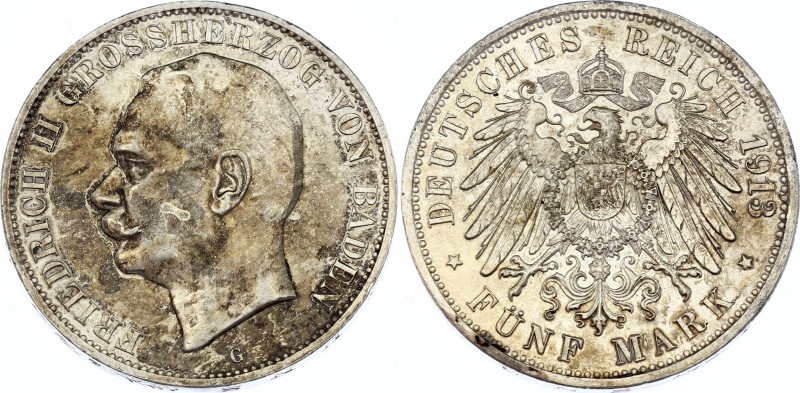 Germany - Empire Baden 5 Mark 1913 G
KM# 281; Silver; Friedrich II.; XF