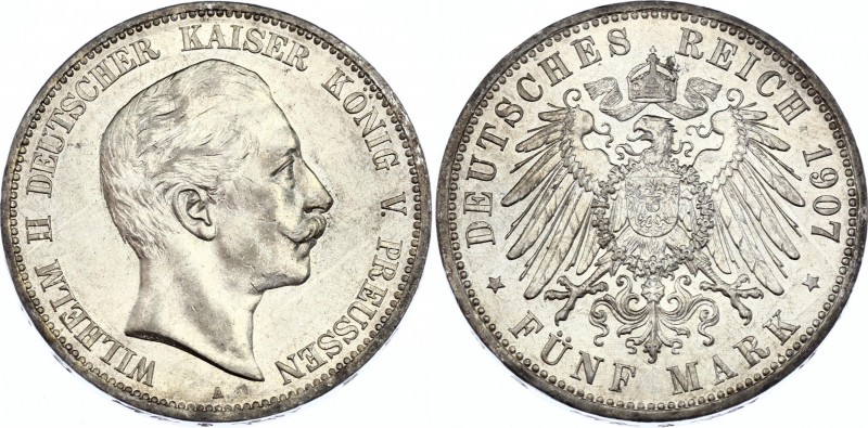 Germany - Empire Prussia 5 Mark 1907 A
KM# 523; Silver; Wilhelm II.; UNC- with ...