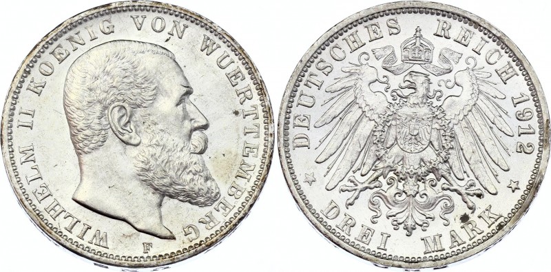 Germany - Empire Wurttemberg 3 Mark 1912 F
KM# 635; Silver; Wilhelm II.; UNC wi...