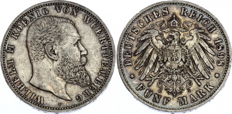 Germany - Empire Wurttemberg 5 Mark 1898 F
KM# 632; Silver; Wilhelm II.; VF+/XF...