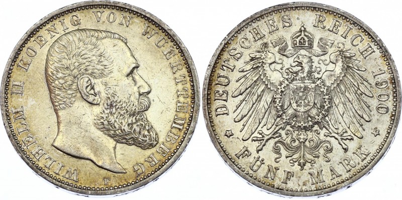 Germany - Empire Wurttemberg 5 Mark 1900 F
KM# 632; Silver; Wilhelm II.; XF wit...