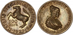 Germany - Weimar Republic Westphalia 100 Mark 1923 Notgeld
J# N14; Bronze; Annette v. Droste-Hulshoff; XF-AUNC