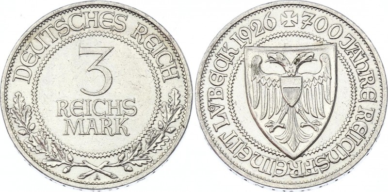 Germany - Weimar Republic 3 Reichsmark 1926 A
KM# 48; Silver; XF