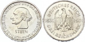 Germany - Weimar Republic 3 Reichsmark 1931 A
KM# 73; Silver; 100th Anniversary - Death of Heinrich vom Stein; UNC with Full Mint Luster!