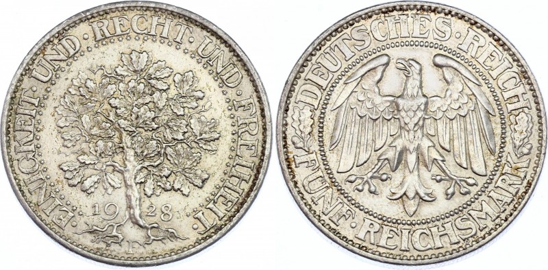 Germany - Weimar Republic 5 Reichsmark 1928 F
KM# 56; Silver; UNC with minor ha...