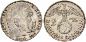 Germany - Third Reich 2 Reichsmark 1936 E Key Date
KM# 93; Silver 7,96g.; Swastika-Hindenburg; AUNC