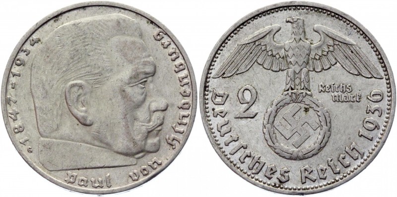 Germany - Third Reich 2 Reichsmark 1936 G
KM# 93; Silver 8,05g.; Swastika-Hinde...