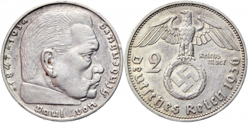 Germany - Third Reich 2 Reichsmark 1936 G Key Date
KM# 93; Silver 8,05g.; Swast...