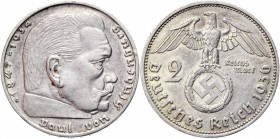 Germany - Third Reich 2 Reichsmark 1936 G Key Date
KM# 93; Silver 8,05g.; Swastika-Hindenburg; XF+