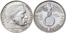Germany - Third Reich 2 Reichsmark 1939 A
KM# 93; Silver 8,00g.; Swastika-Hindenburg; AUNC