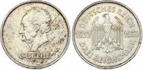 Germany - Third Reich 3 Reichsmark 1932 A
KM# 76; Silver; Centenary - Death of Goethe; UNC