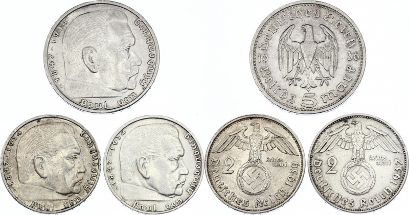 Germany - Third Reich 2 x 2 & 5 Reichsmark 1936 - 1939 A
Silver; Paul von Hinde...