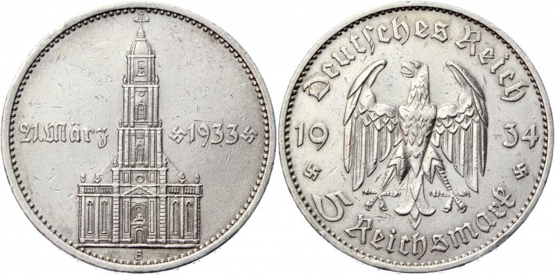 Germany - Third Reich 5 Reichsmark 1934 G
KM# 82; Silver 13,96g.; 1st Anniversa...