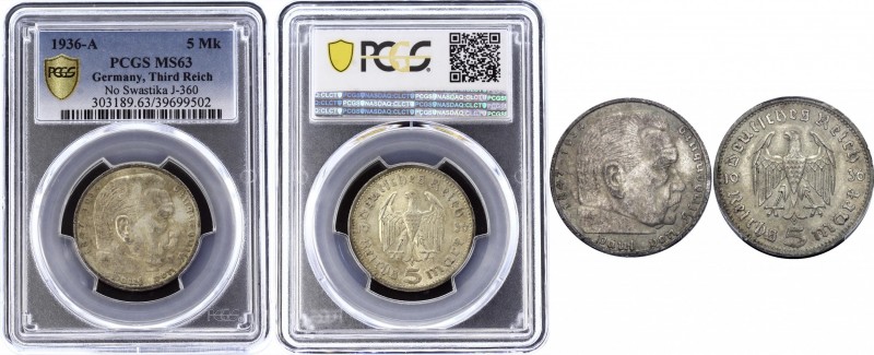 Germany - Third Reich 5 Reichsmark 1936 A PCGS MS 63
KM# 94; Silver; Paul von H...