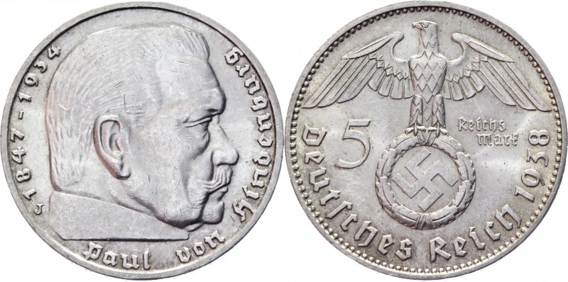 Germany - Third Reich 5 Reichsmark 1938 J
KM# 94; Silver 13,83g.; Swastika-Hind...