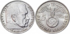 Germany - Third Reich 5 Reichsmark 1938 J
KM# 94; Silver 13,83g.; Swastika-Hindenburg; AUNC