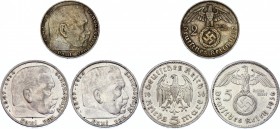 Germany - Third Reich Lot of 3 Coins 1935 - 1937 A & J
2 Reichsmark & 2 x 5 Reichsmark 1935 - 1937 A & J; Silver