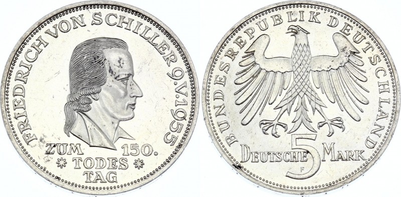 Germany - FRG 5 Mark 1955 F
KM# 114; Silver; Friedrich von Schiller; UNC